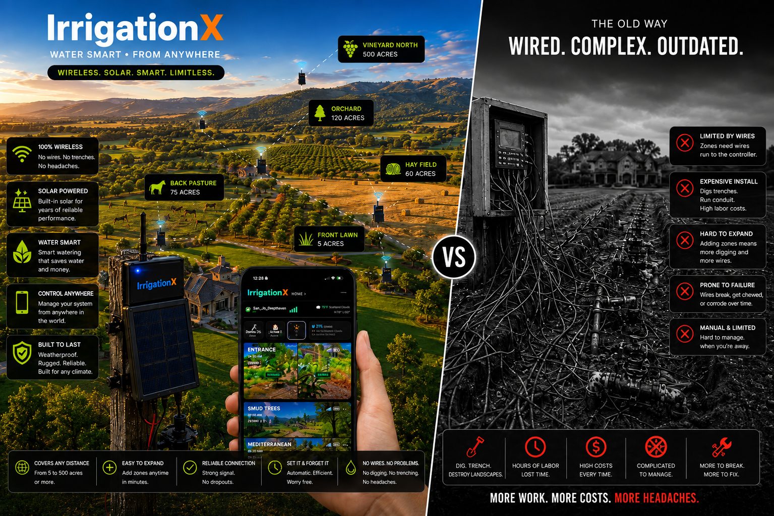 IrrigationX wireless irrigation system compared to old wired irrigation controllers